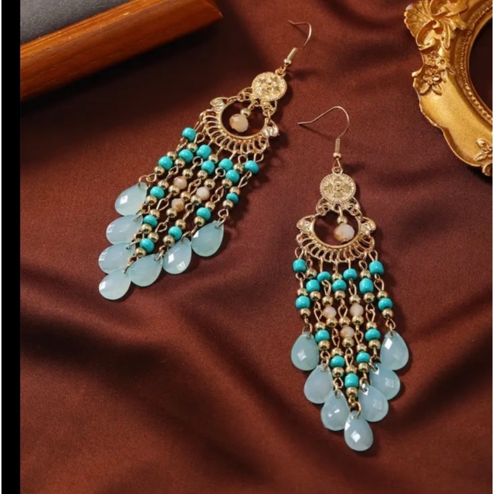 New Boho Turquoise Colored Multi layered Water Drop Rice Bead Tassel Earrings